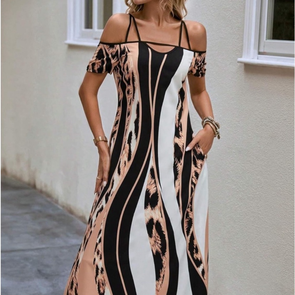 Dresses for Women's Dress Leopard Print Cold Shoulder Hidden Pocket Dress
